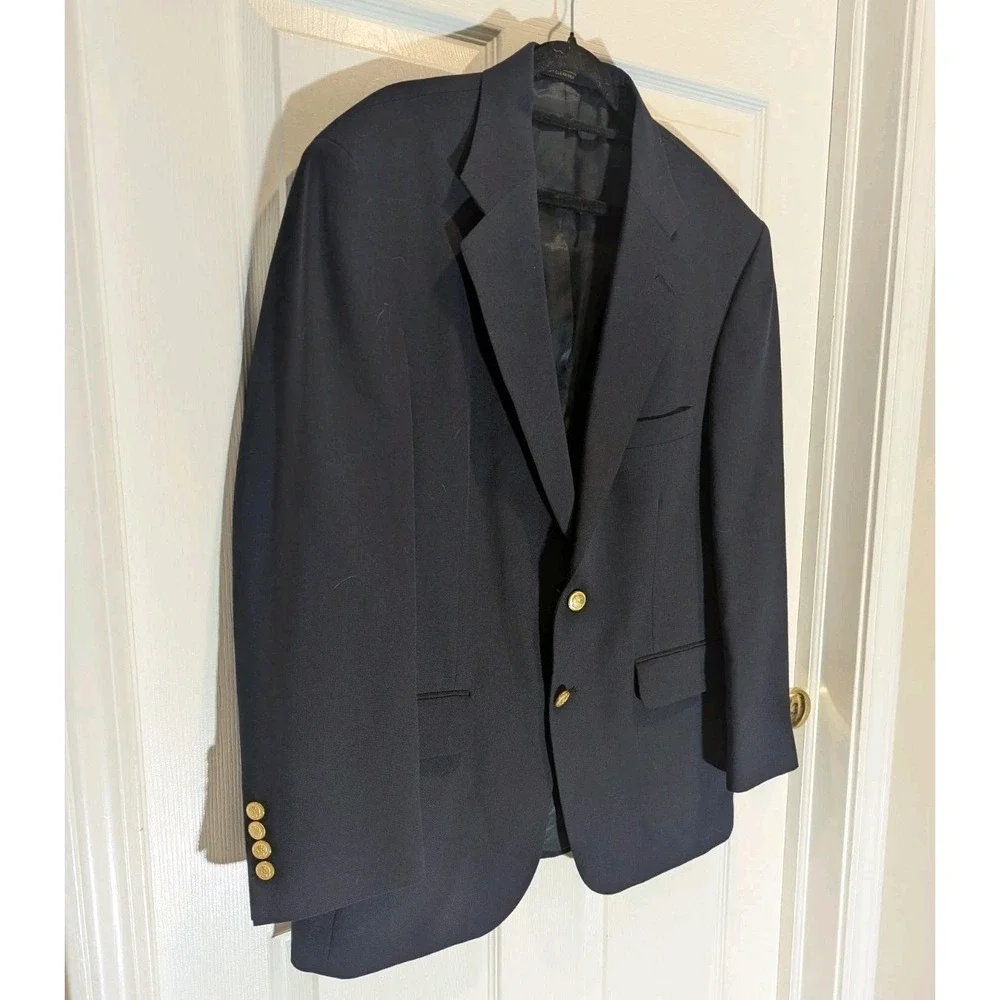 Old Money Navy Wool Blazer Gold Crest Buttons Preppy Ivy 42S Sport Coat